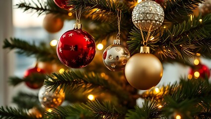 A beautifully decorated tree with glowing ornaments, evoking festive holiday spirit.