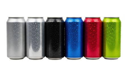 A row of colorful, condensationcovered beverage cans, including silver, black, blue, red, and green isolated on transparent background