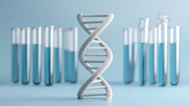 Abstract representation of DNA structure in front of laboratory test tubes filled with blue liquid, symbolizing genetics, science, research, and biotechnology