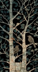 Birds perched amidst a textured tree design.