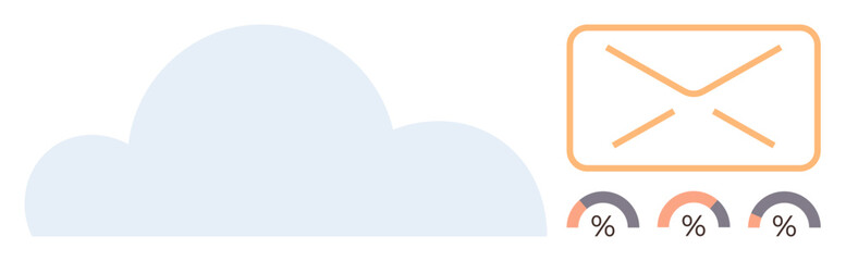 Cloud beside envelope in orange, connected to three circular progress indicators with percentages. Ideal for data analysis, email marketing, cloud computing, communication, digital storage, business