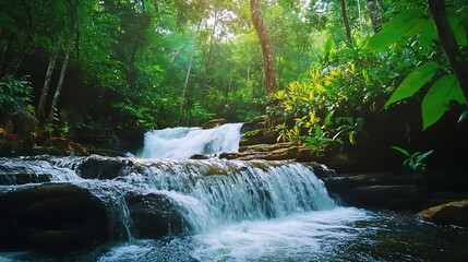 small waterfall in the forest greenery beauty