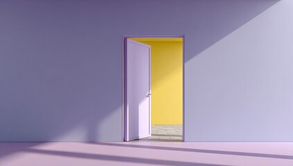 A vibrant, minimalist interior scene showcasing a light purple wall, a vibrant yellow room beyond an open white door, and soft shadows on a light pink floor.