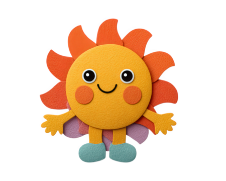 Cheerful sun cute element papercut style soft texture smiling face orange yellow playful cartoon happy whimsical character perfect for children design