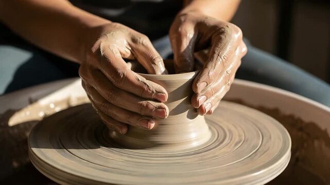 Hands Shaping Clay on Pottery Wheel.
