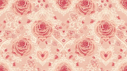 Romantic seamless floral background featuring vintage red and pink roses intertwined with lace patterns, delicate hearts, and ornamental details, for wedding invitations, Valentine’s Day cards