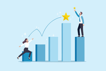 Business people reaching for stars on rising bar graph symbolizing success and growth