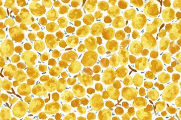 Abstract pattern of yellow circles on white background with hints of blue and brown