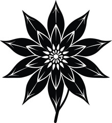 Black and White Stylized Floral Design, Decorative Botanical Vector Illustration with Petals and Leaves, Modern Graphic Art