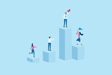 Business people climbing success graph with leader holding megaphone and flag symbolizing achievement and goals