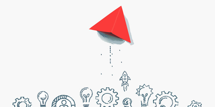 Red paper airplane launching upwards from a line of sketched gears lightbulbs and a rocket ship symbolizing innovation and startup success