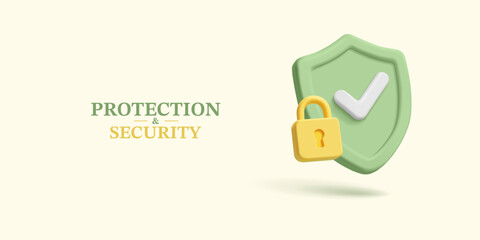 3D green shield with check mark and lock. Banner for security protection, security concepts. Business, finance, technology. Personal data protection. Vector illustration.