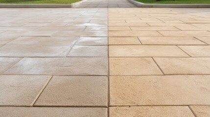 Fototapeta premium Comparison of Clean and Dirty Paving Stones in Outdoor Walkway Showing Surface Texture and Color Variation for Landscape Design Inspiration