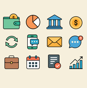 &iacute;cones, finan&ccedil;as, vetor, carteira, banco, gr&aacute;fico, moeda, bol&ccedil;a, calend&aacute;rio, celular, carta, e-mail