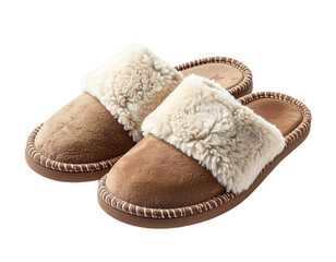 Cozy brown suede slippers with fluffy white shearling lining on white background