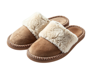Cozy brown suede slippers with fluffy white shearling lining on white background