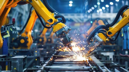 Metal processing robot with a sleek metallic arm, gripper end effector, and control base, operating in a manufacturing workshop to weld, cut, or assemble steel parts, connected to a control system and