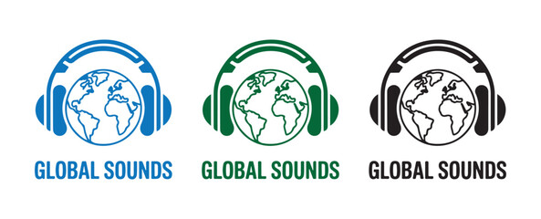 Global Sounds Logo with Earth and Headphones Icon