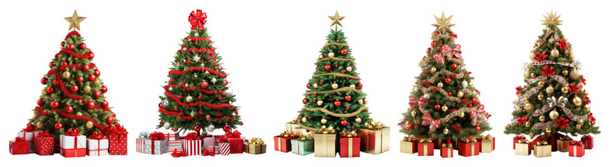 PNG Festive Christmas trees with gifts, element set on transparent background