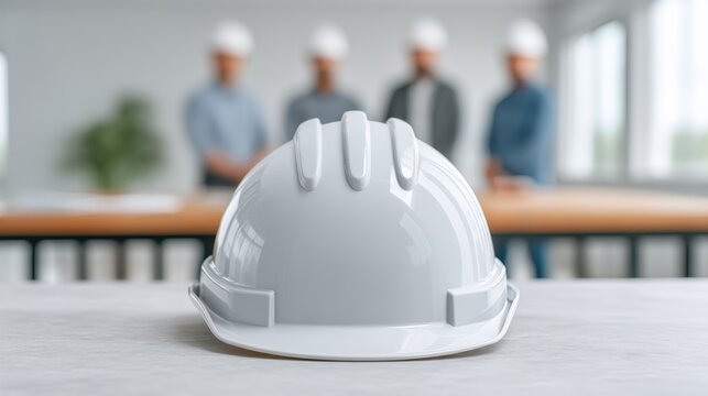 Professional white construction helmet in foreground, blurred team of workers discussing project behind, modern office setting emphasizes teamwork and safety culture