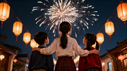 Three children stood with their backs to the camera, looking up at the fireworks blooming in the sky, surrounded by several lanterns. Chinese New Year, a joyous and warm atmosphere.Generated by AI