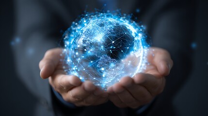 Businessman holding a glowing digital globe of global data network