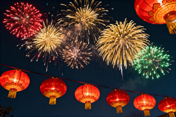 The Chinese New Year celebration features fireworks lighting up the night sky, glowing lanterns, cultural energy, family spirit, traditions and a rich variety of excitement.Generated by AI