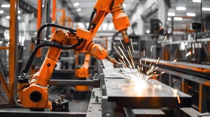 Metal processing robot with a sleek metallic arm, gripper end effector, and control base, operating in a manufacturing workshop to weld, cut, or assemble steel parts, connected to a control system and