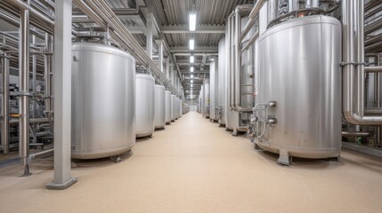 Naklejka premium Industrial interior of a modern food processing facility featuring large stainless steel tanks and intricate piping systems on a clean floor