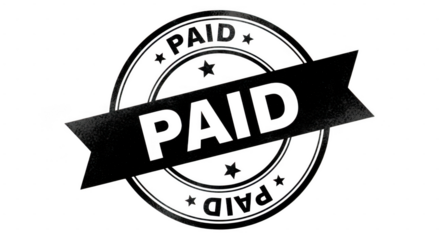 A black and white circular stamp with the word paid prominently displayed across a diagonal banner isolated on transparent background