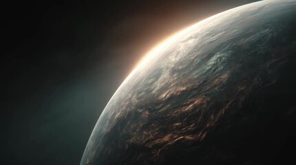A digital rendering of a planet's sunrise, showcasing warm light against a dark space background. Detailed texture on the planet's surface is visible.