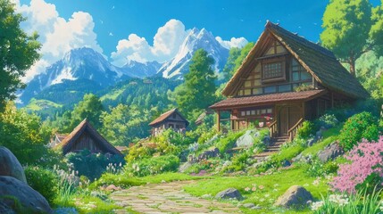 Fototapeta premium Sunny mountain village with charming houses