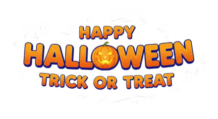 A festive happy halloween trick or treat message with a carved pumpkin as the o in halloween isolated on transparent background