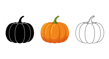 A black silhouette, a colorful orange, and a white outline of a pumpkin on a transparent background