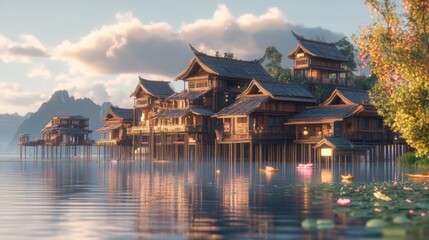 Fototapeta premium Tranquil Asian village on water