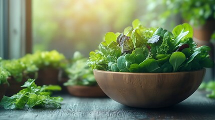 Fresh mixed greens in a wooden bowl by a window