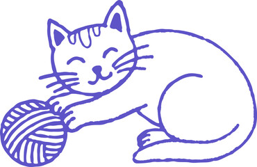 A cute cartoon cat with its paws playfully batting at a ball of yarn.