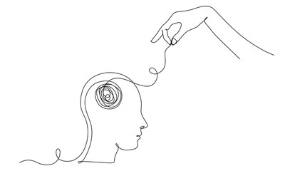 Continuous one line drawing of mental health concept. Symbol of confused thoughts and problems and psychologist helping to untangle the knot vector eps 10