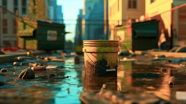 Urban landscape with a bucket in polluted water, surrounded by trash and dumpsters under sunlight