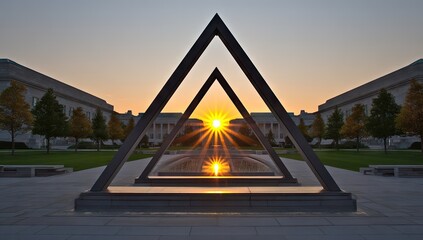 Geometric metal structure framing sunrise over a city park.