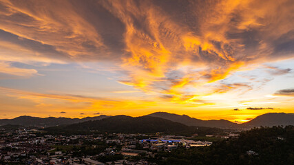 Aerial view of Khao Rang Viewpoint at dusk an important landmark in Phuket TownKhao Rang Viewpoint offers a panoramic view and the twinkling lights of Phuket Town at night, which are beautiful.