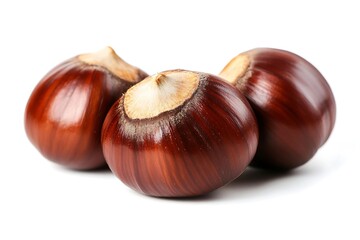 Three Brown Whole Chestnuts Food Isolated on White Background Close Up Macro