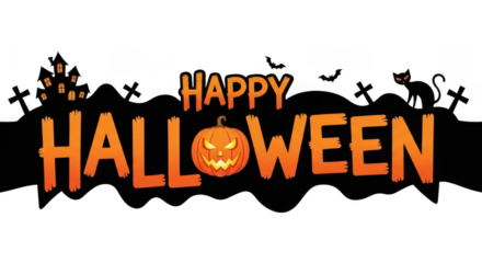 A festive happy halloween banner features a spooky pumpkin, haunted house, crosses, bats, and a black cat on a transparent background