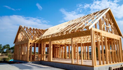 Fototapeta premium New Home Construction Wooden Frame Under Blue Sky with Building a Dream.