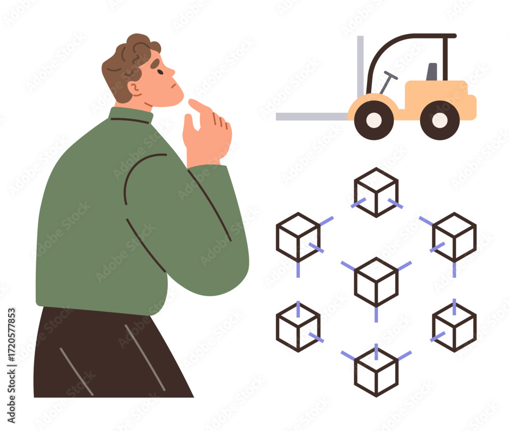 Poster thoughtful man examining supply chain model featuring forklift and interconnected blockchain cubes. 