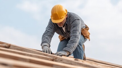 Construction worker wearing yellow hard hat and gloves installing roof shingles on wooden structure under clear blue sky during daylight hours