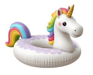 Inflatable unicorn swim ring with rainbow mane, golden horn, and pastel colors, perfect for pool fun, summer parties, and fantasy themed water activities, creating joyful atmosphere