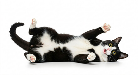 Black and white cat lying on its back with paws in the air, showing pink