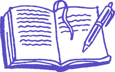 A simple purple line drawing of an open book with a bookmark and a pen, symbolizing writing, journaling, and learning.