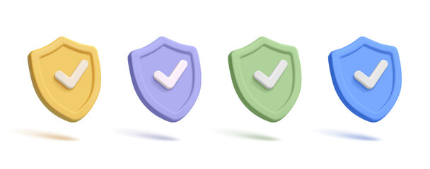 Set of colored shields with check mark, 3D. Modern icons for concepts of protection, security, reliability, verification, technology, science, education. Vector illustration.